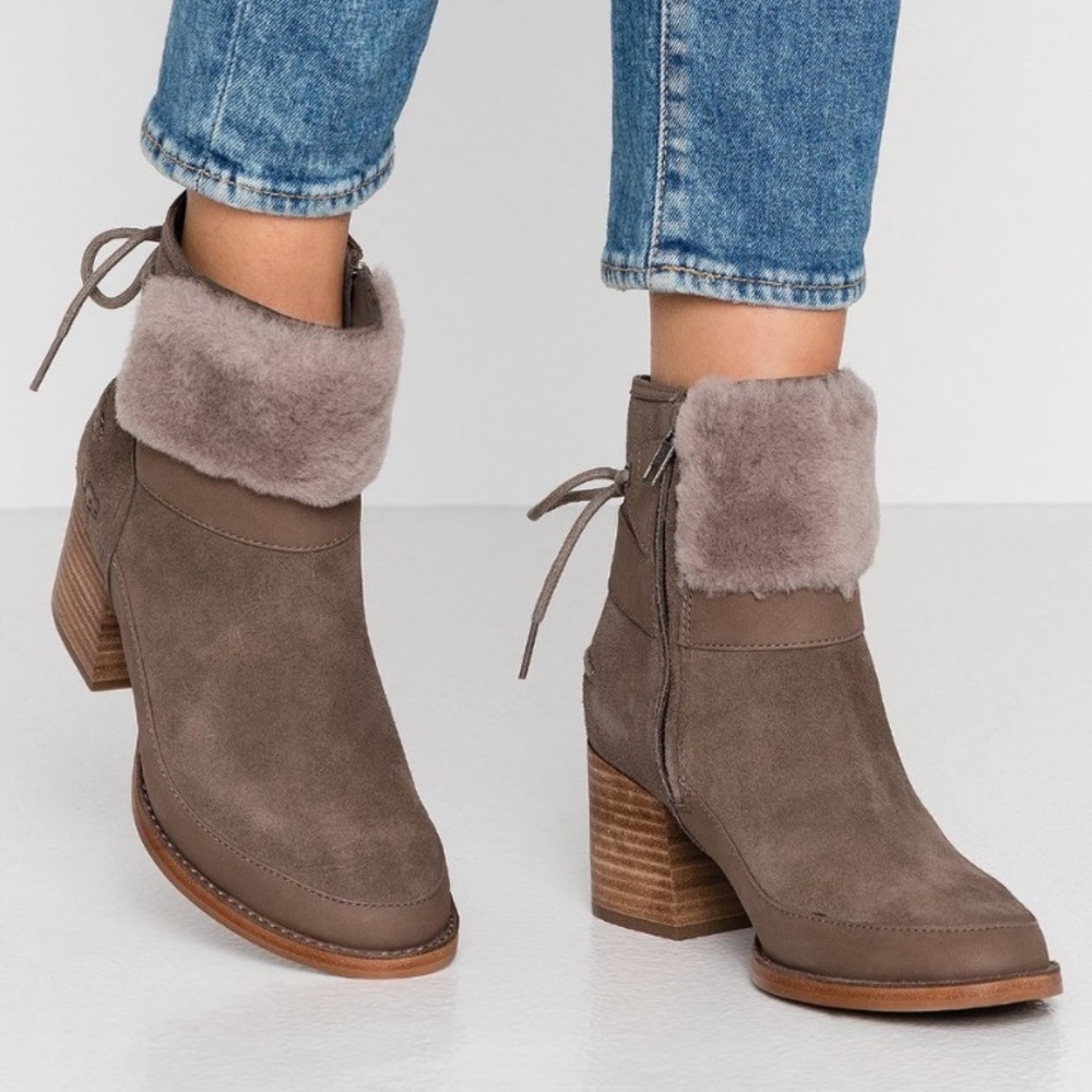 EUC UGG Kirke Shearling-Trimmed Leather & Suede Zip Up Ankle Boots